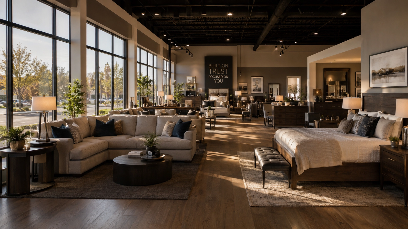 Large independent furniture showroom in warm afternoon light with no customers