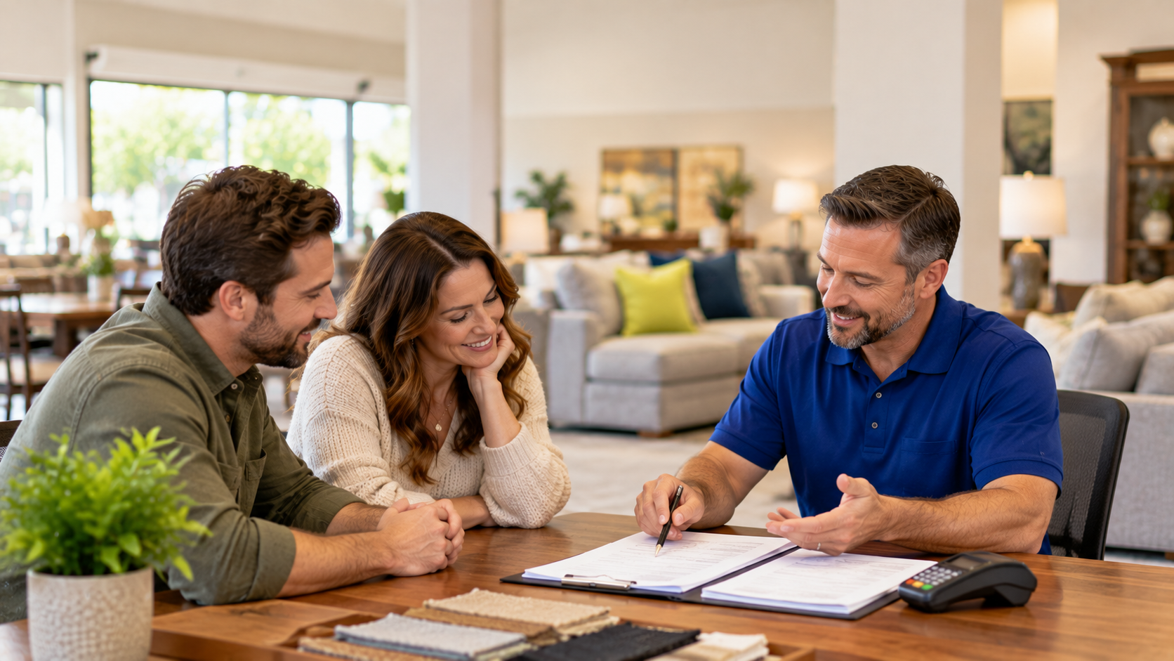Furniture salesperson calmly explaining paperwork to a relaxed couple at a showroom sales desk