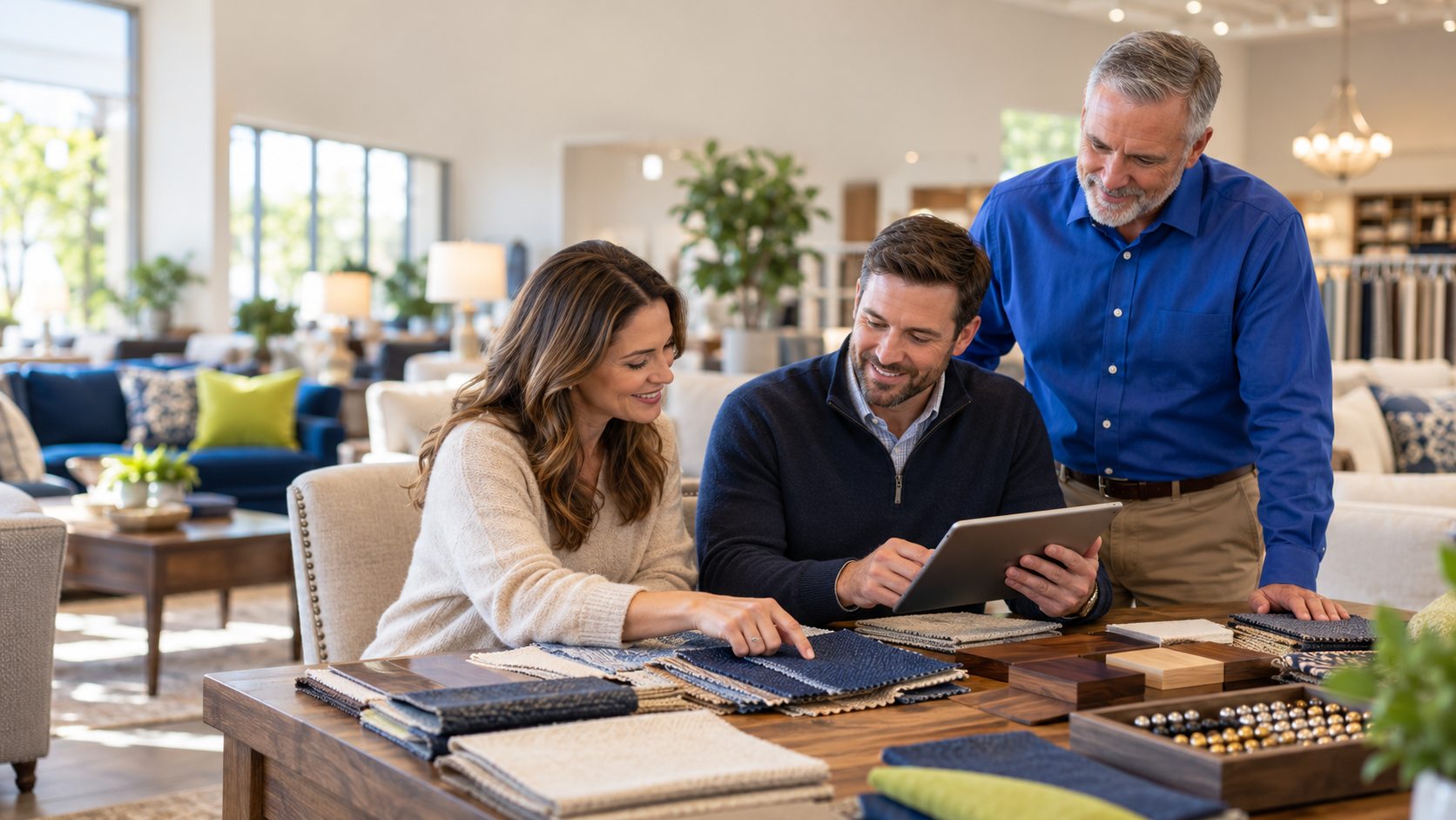 Salesperson and customer reviewing fabric swatches and nail head samples while a sales manager checks the order