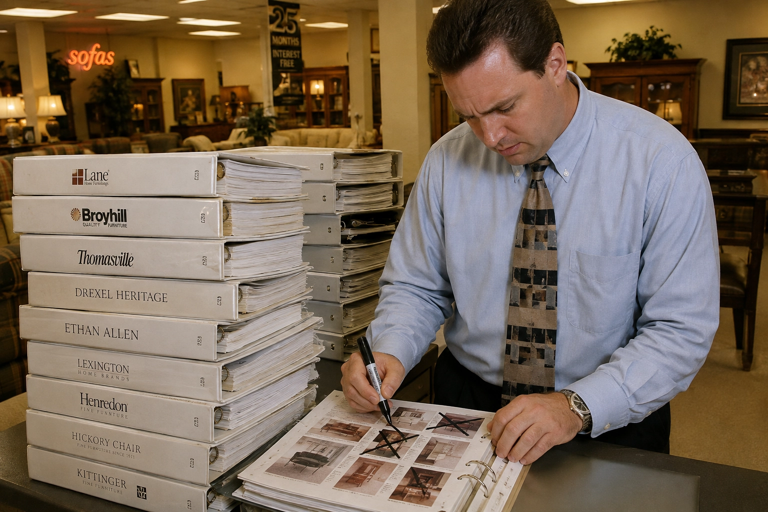 Managing Ashley Furniture catalogs by hand across binders in a showroom